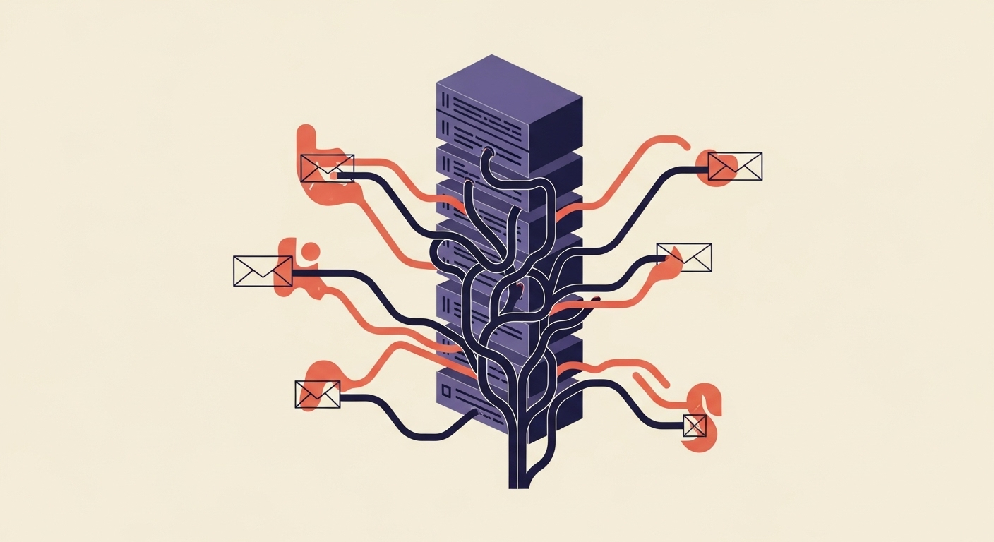 Illustration of a DMARC server managing email flow for a main domain and its subdomains.