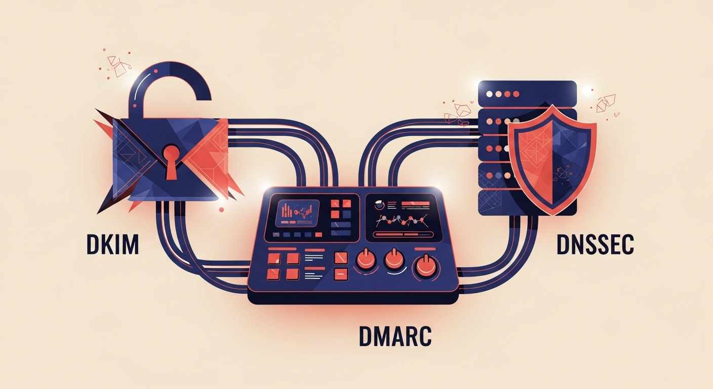 Abstract illustration of email security protocols DKIM, DNSSEC, and DMARC working together.