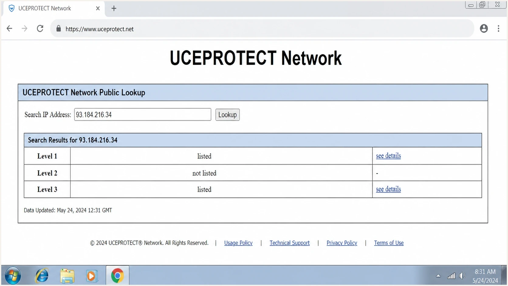 UCEProtect lookup page showing Level 1, Level 2, and Level 3 results.