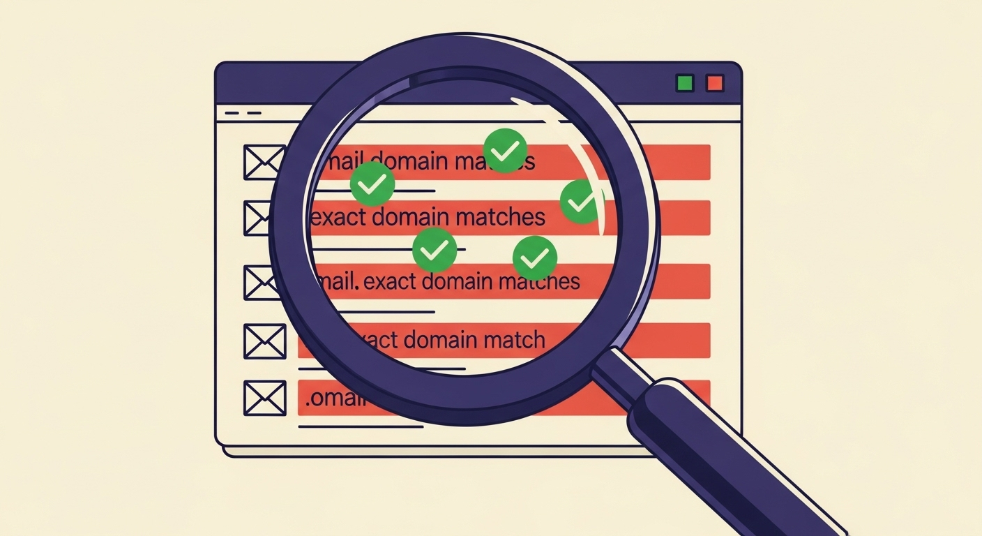 Magnifying glass examining email domains for exact matches.
