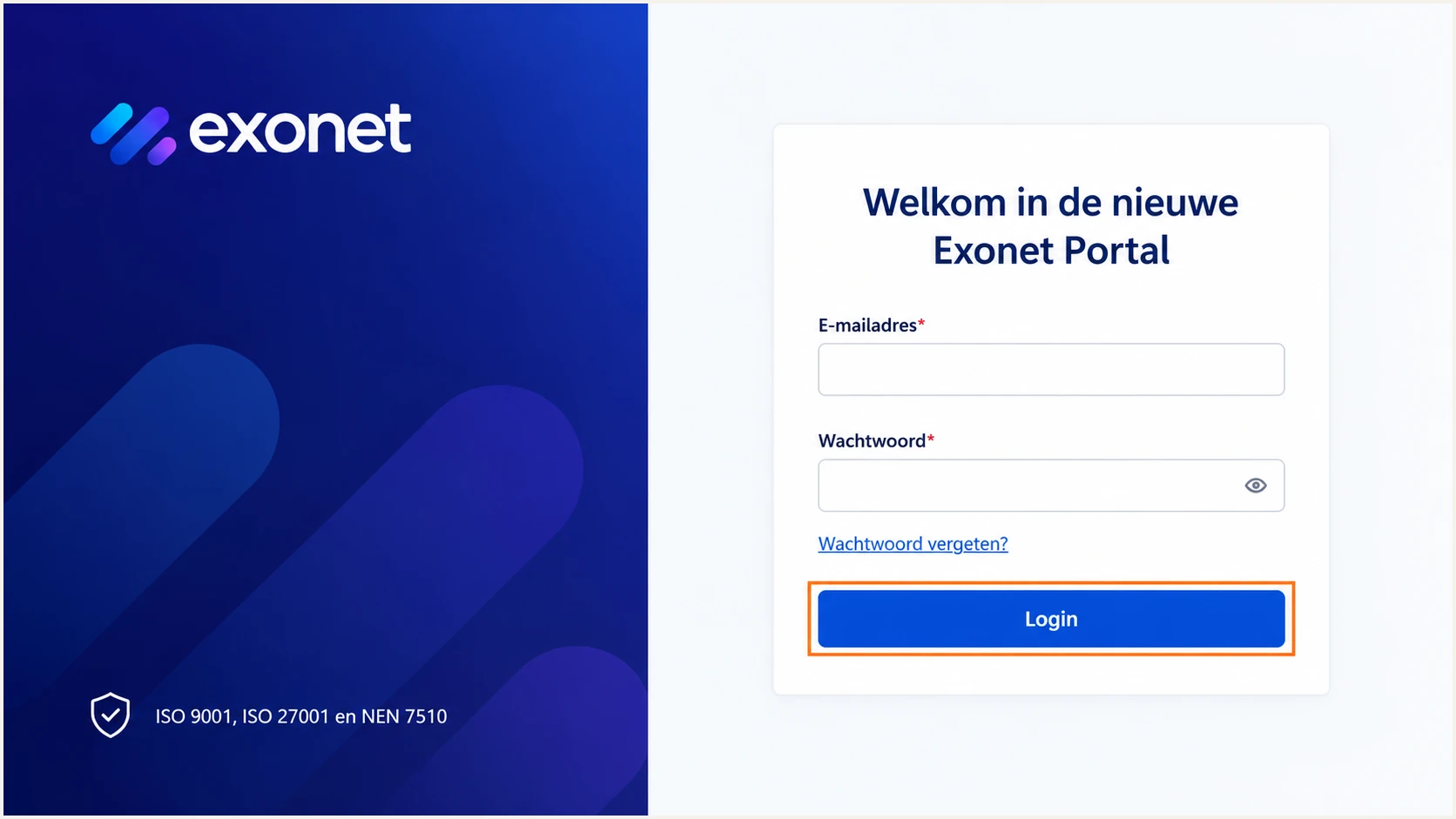 Exonet Portal sign-in screen used to access an existing customer account.