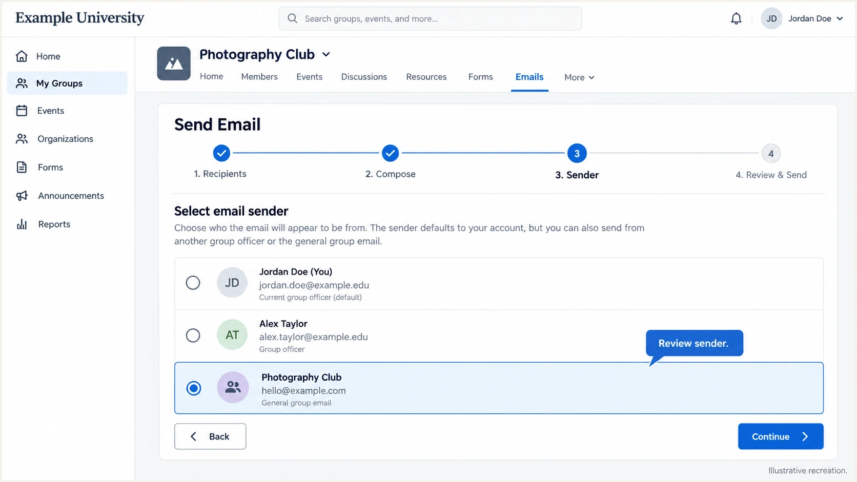 Illustrative recreation of CampusGroups Email Composer sender selection