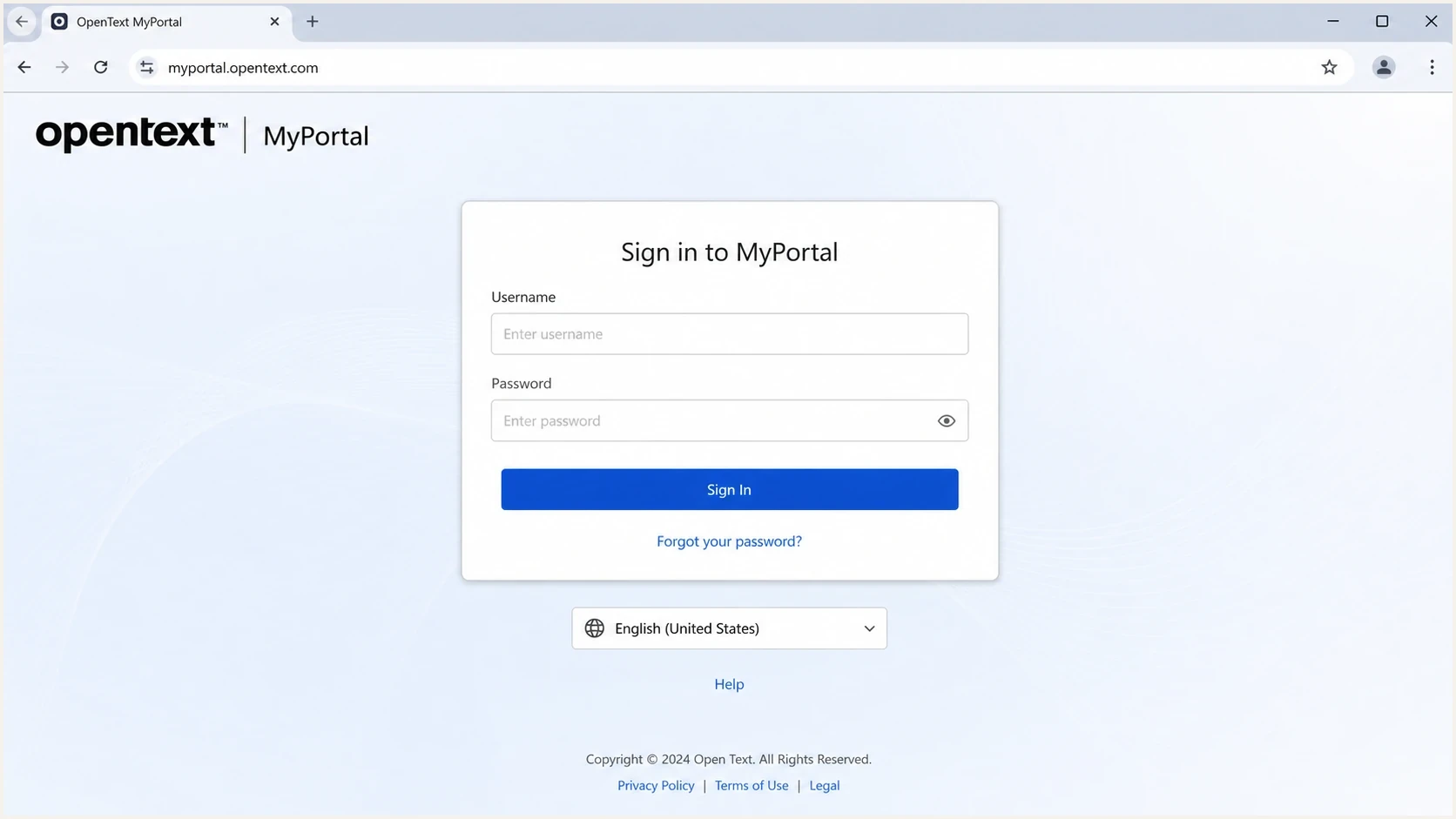 OpenText MyPortal login screen relevant to the xmr3.com MessageReach connection.