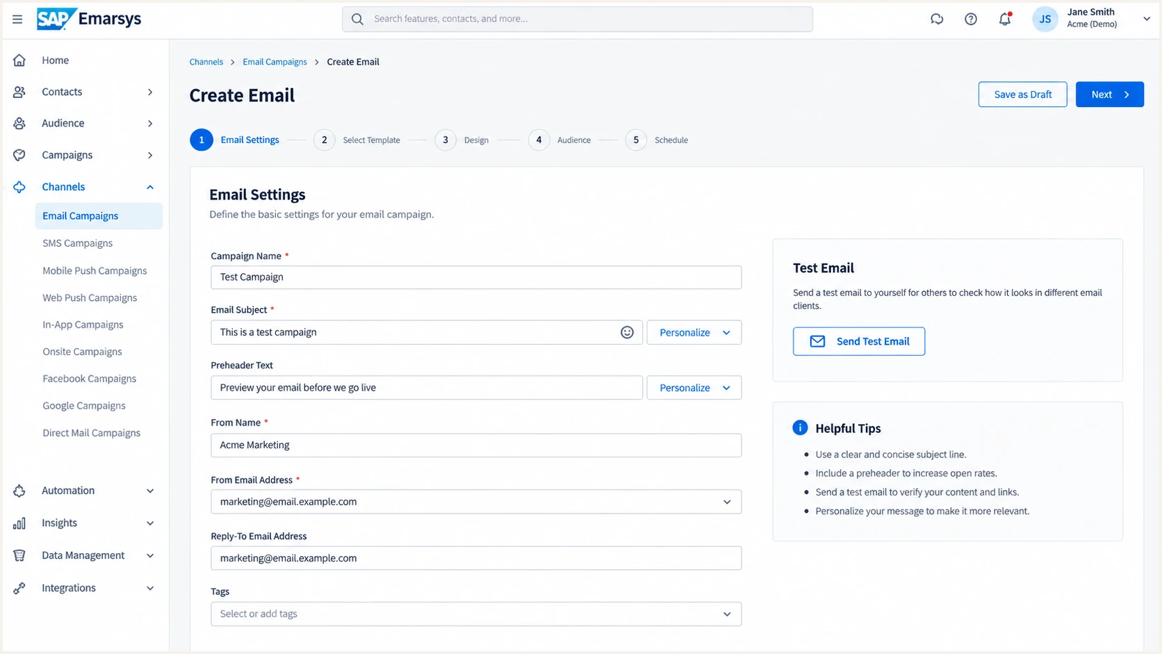 SAP Engagement Cloud test campaign email settings with the sender domain selected