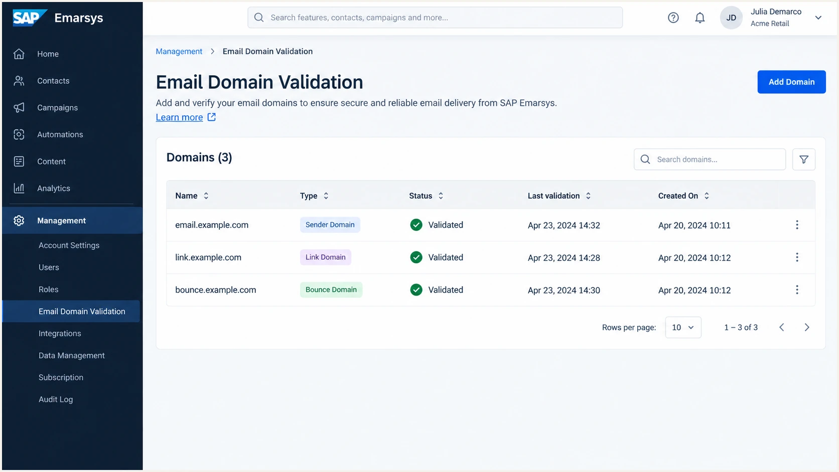 SAP Engagement Cloud Email Domain Validation page with sender, link and bounce domains