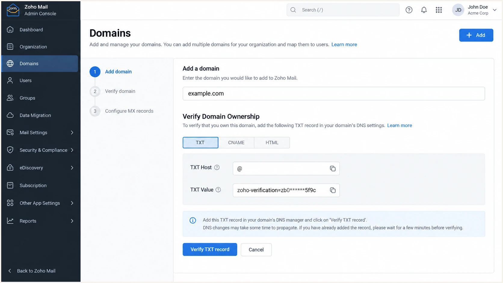 Zoho Mail Admin Console domain verification by TXT record
