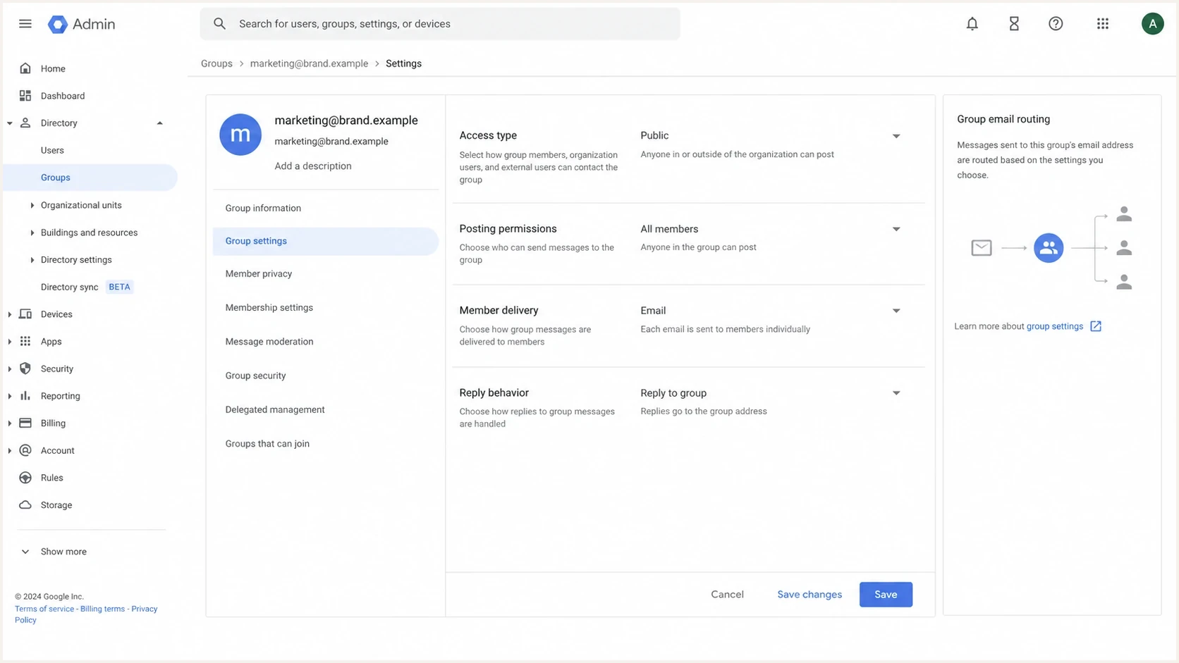 Google Admin console group settings showing delivery and reply behavior.
