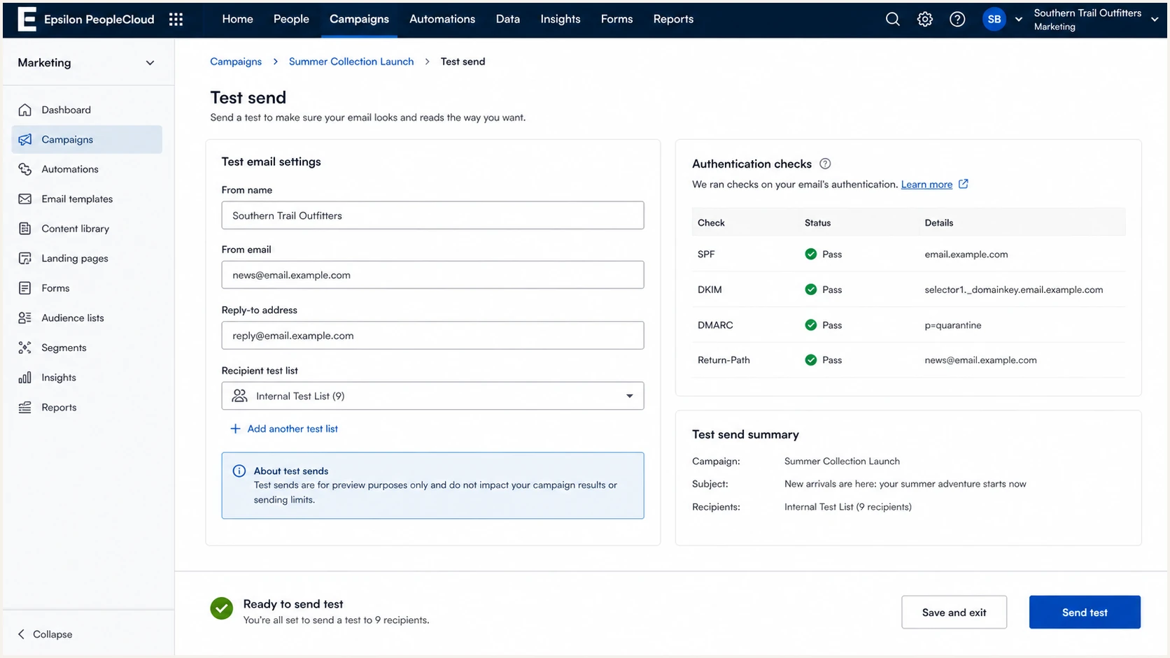 Epsilon test send screen with authentication checks before sending.