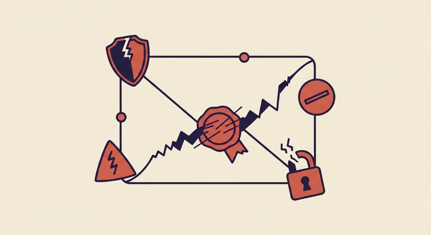 Broken email security seals representing a DMARC failure report