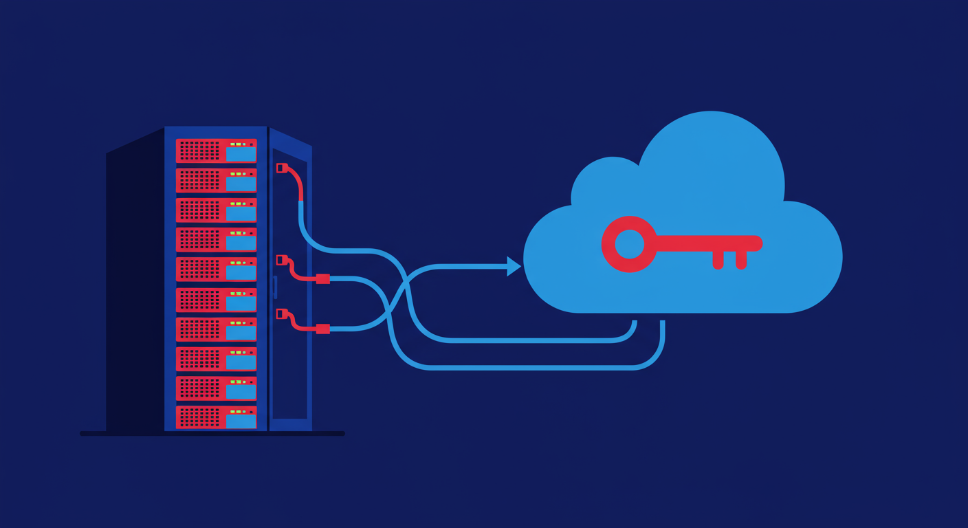 A minimalist illustration of a server rack with network cables connecting to a large cloud symbol, representing DNS lookups for email authentication. The style of the images should be A minimalist retro illustration in the style of Malika Favre. Dominant colors are bright poppy red and deep royal blue. Vector art, high contrast. Do not put any words in the image or alphanumeric characters. 