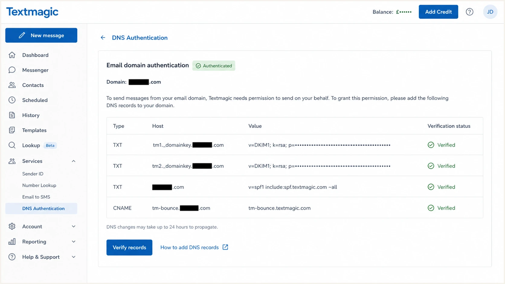 Textmagic DNS authentication records with return-path verification status