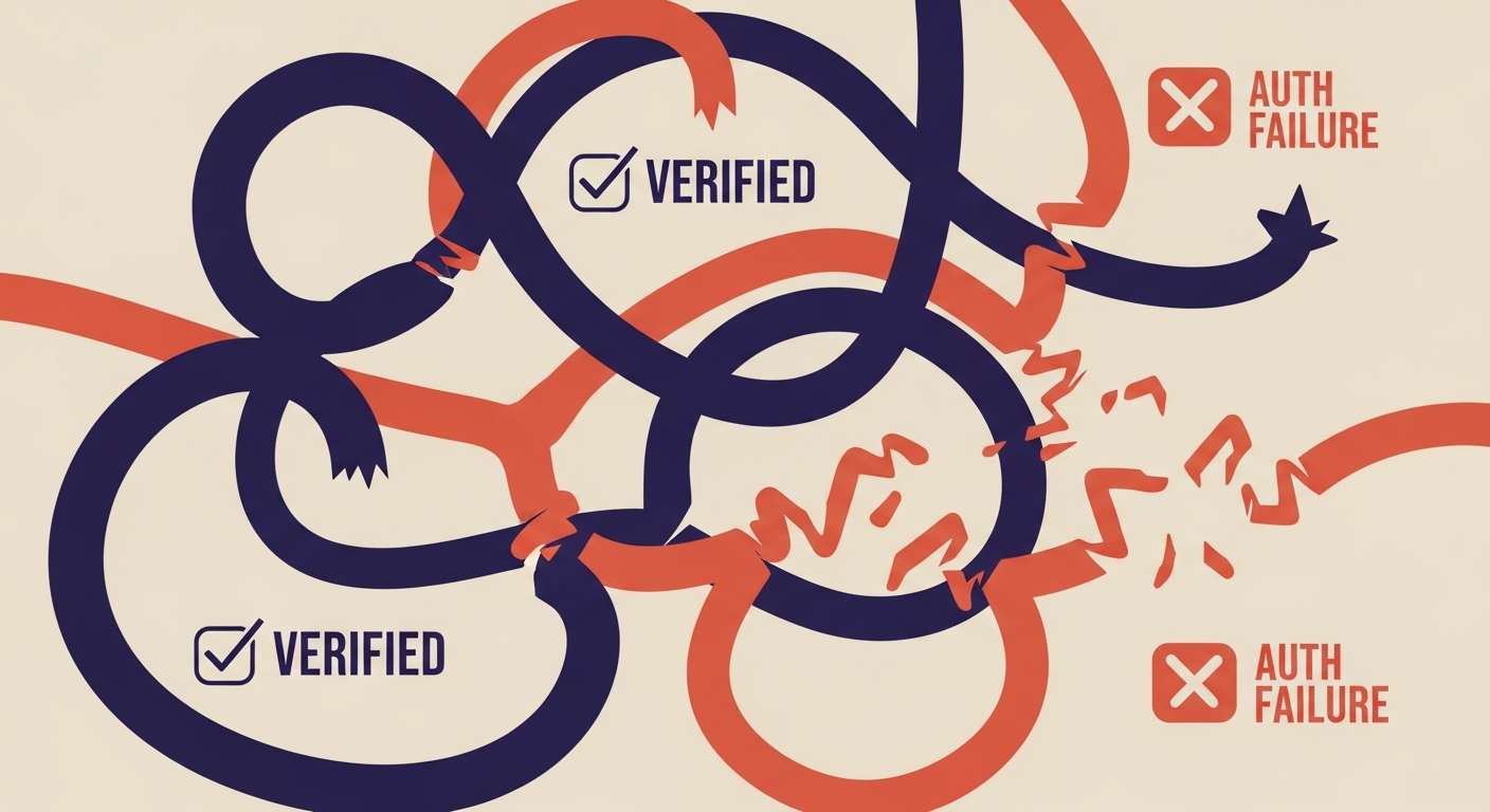 A visual representation of email paths, showing both successful and failed authentication due to issues like an incorrect 's=' tag.