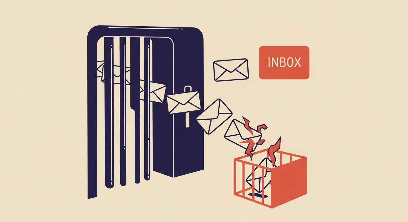 Email passing through a DMARC security gate, with legitimate emails delivered and suspicious ones marked for quarantine.