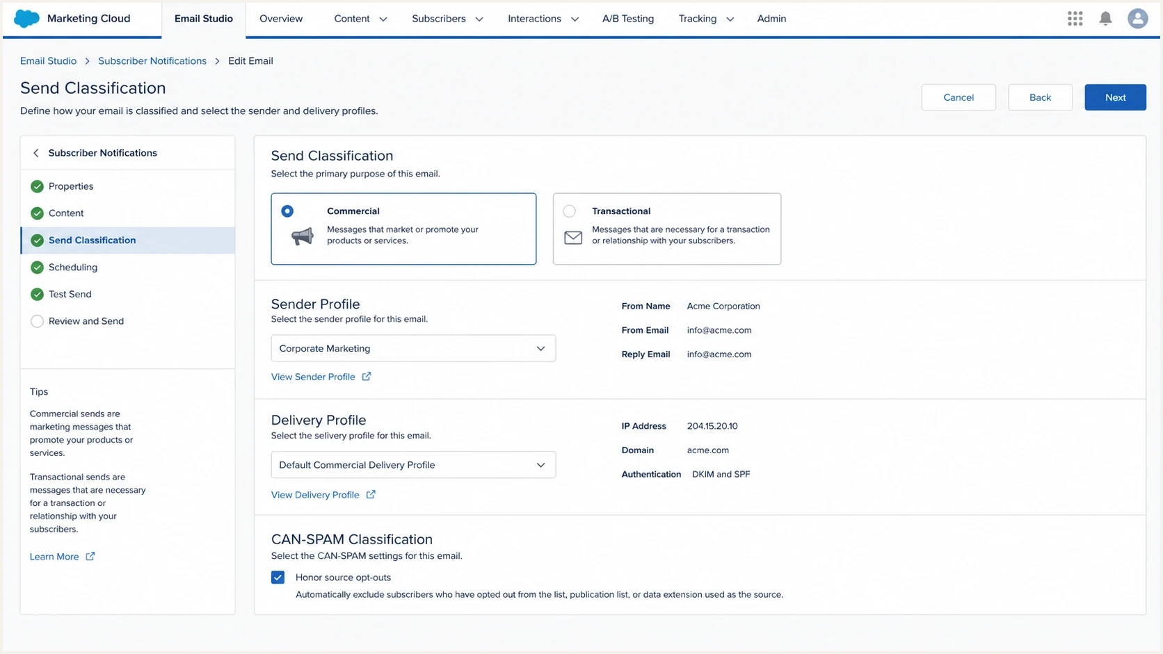 Salesforce Marketing Cloud send classification settings for commercial and transactional email.