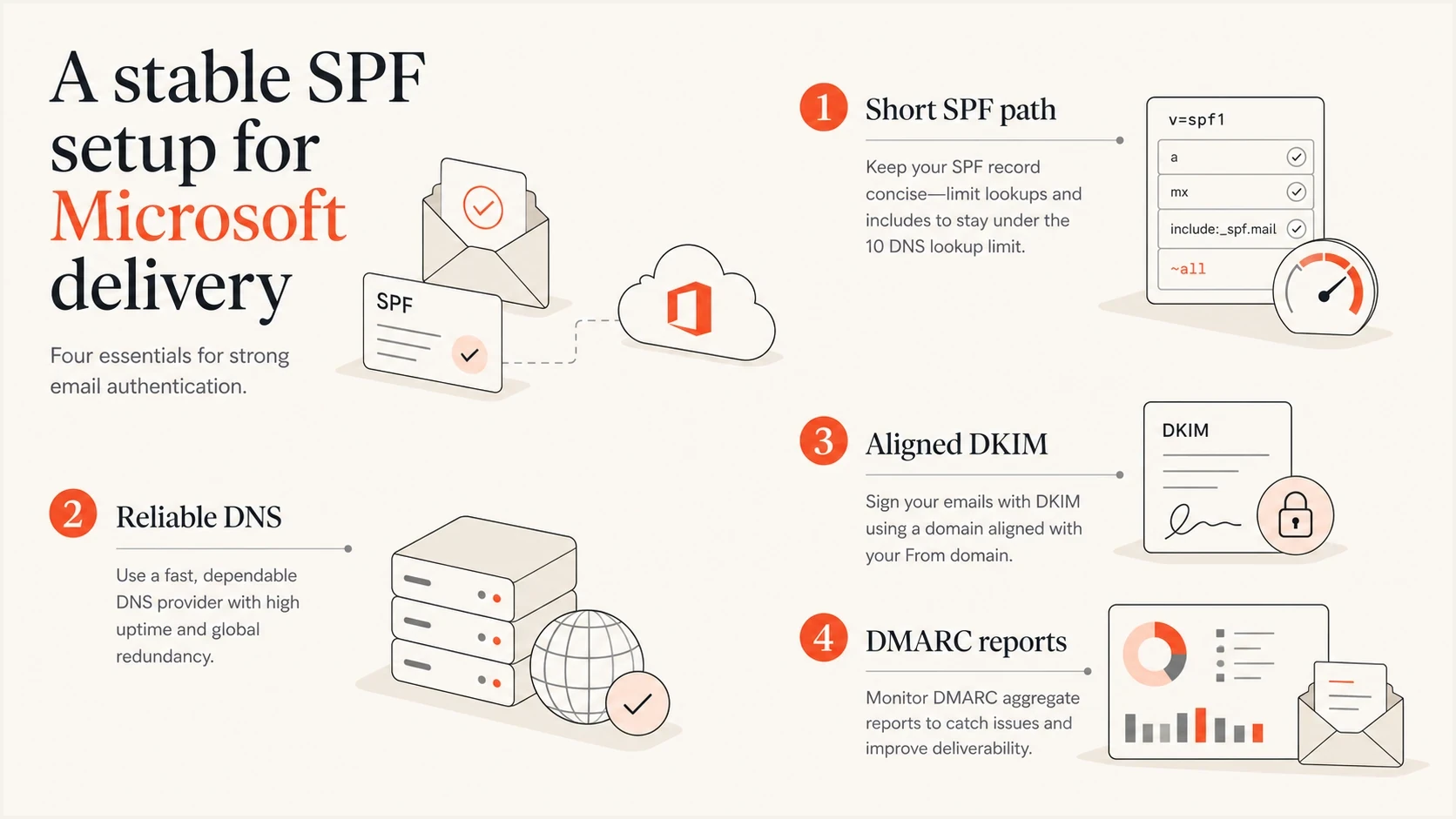 Stable SPF setup for Microsoft email delivery with reliable DNS and domain-matched DKIM.