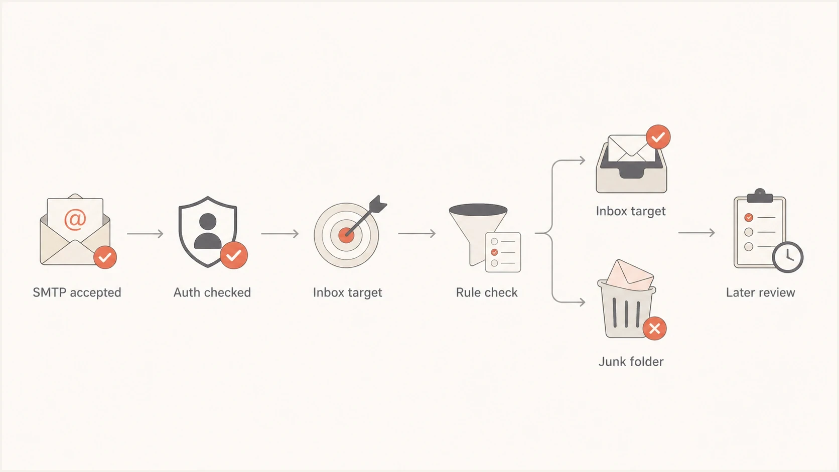Flowchart showing Outlook delivery followed by later junk placement