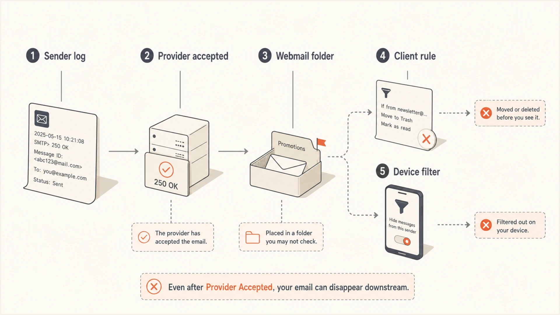 Accepted email can be hidden by webmail folders, client rules, or device filters.