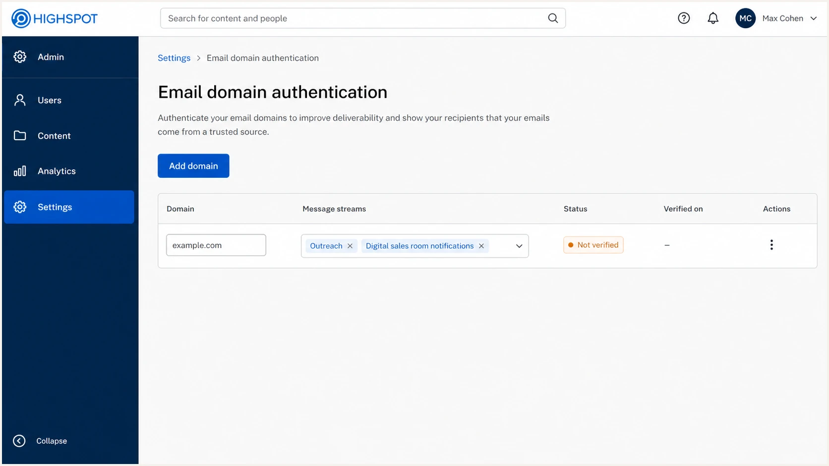 Highspot domain authentication page with an added sending domain.