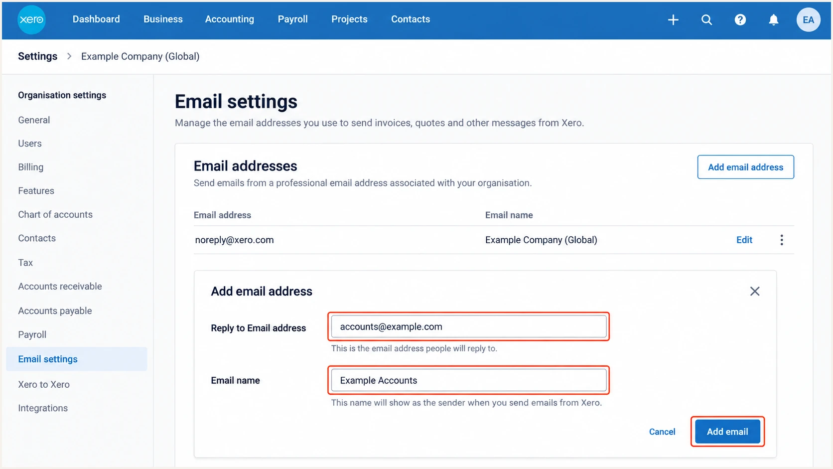Xero Email settings: enter and approve a reply-to mailbox.