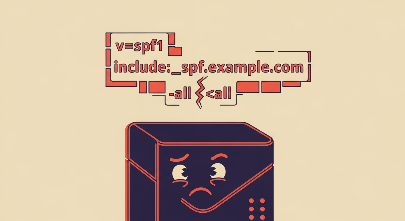 An email server icon with a broken SPF record indicating a missing 'all' mechanism