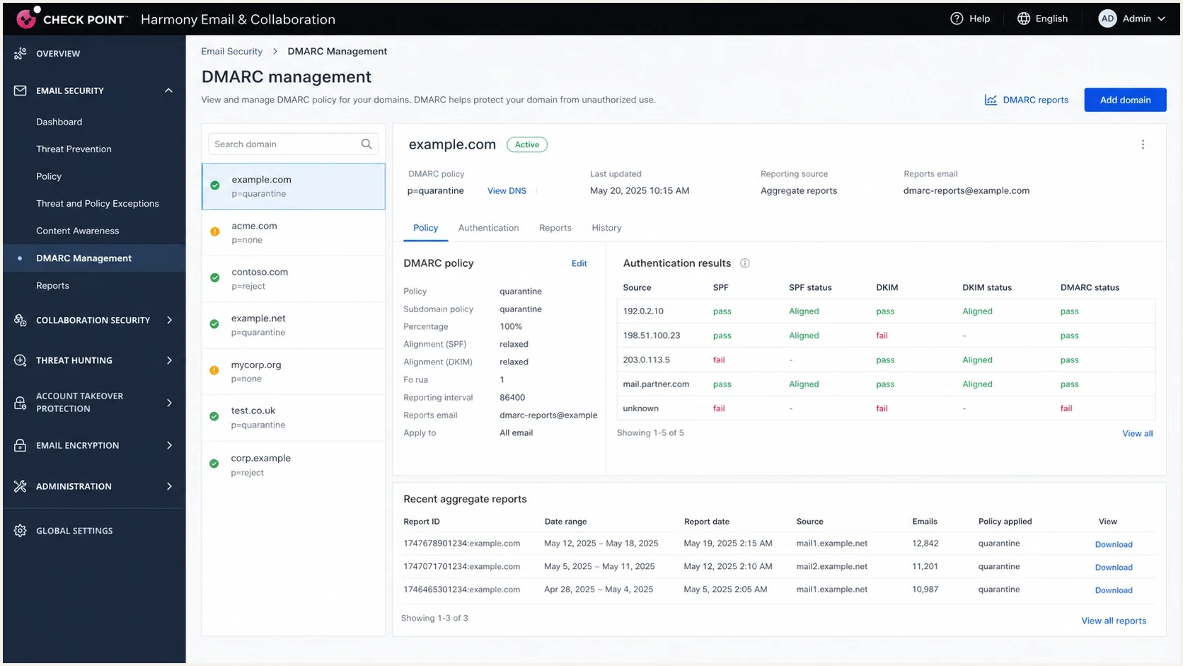 Screenshot-style view of Check Point Harmony Email & Collaboration DMARC settings.