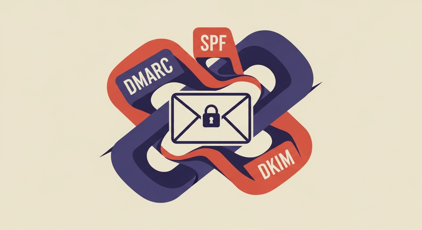 An illustration showing DMARC, SPF, and DKIM protocols securing an email.