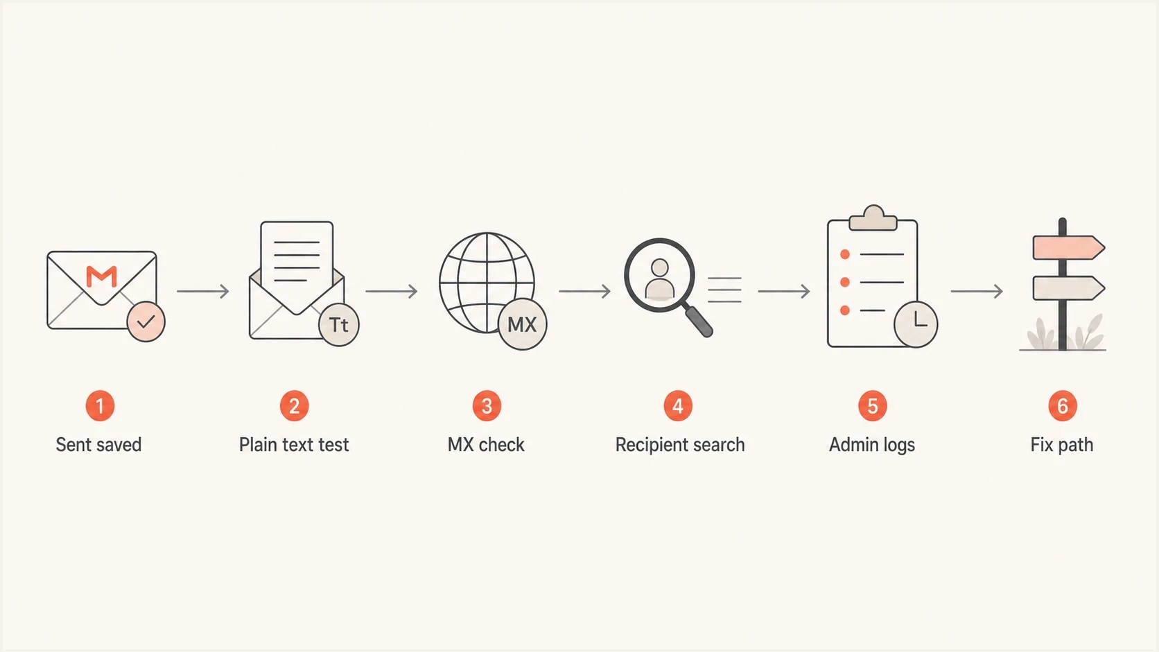 A six-step Gmail missing-message investigation flow.