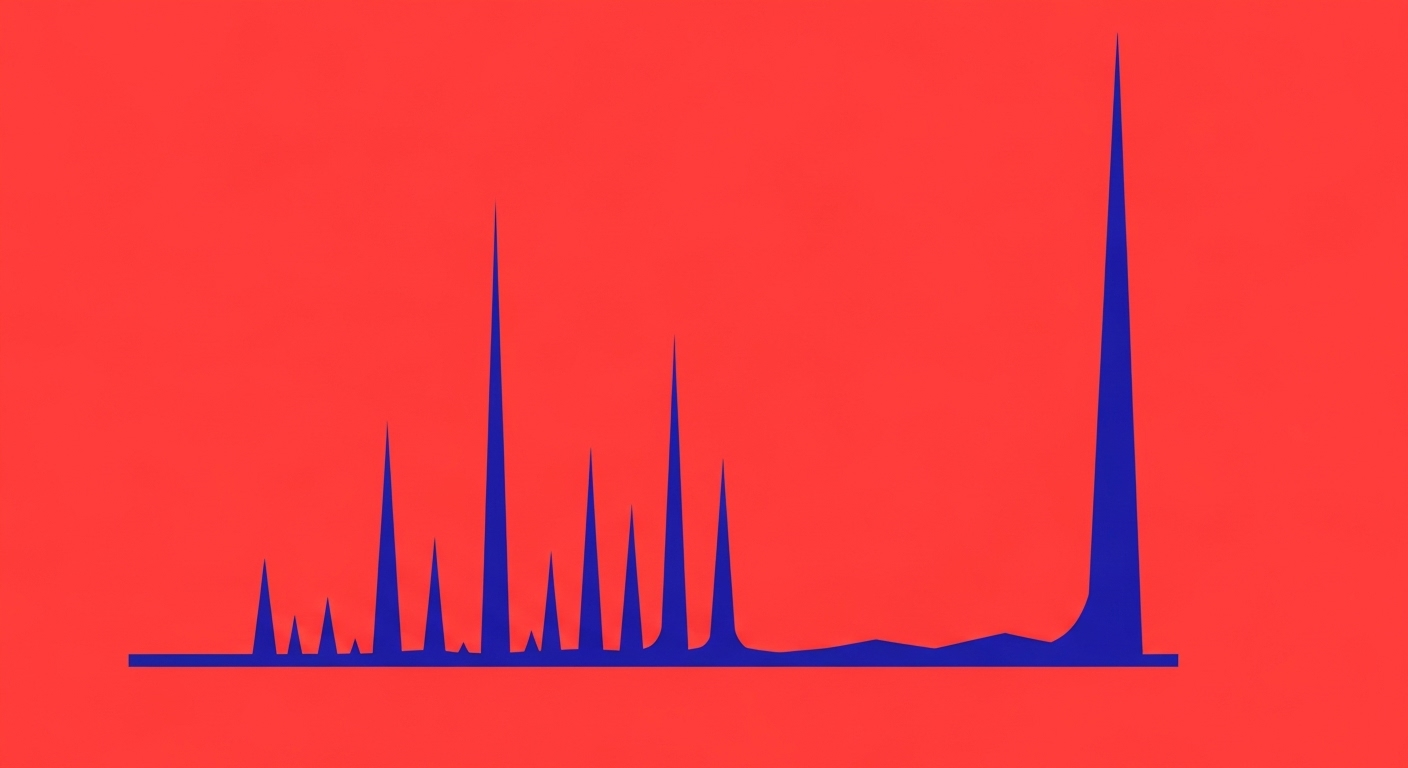 A minimalist chart showing occasional small spikes labeled 'Normal TempErrors' and one large, sustained spike labeled 'Potential Issue'. The style of the images should be A minimalist retro illustration in the style of Malika Favre. Dominant colors are bright poppy red and deep royal blue. Vector art, high contrast. Do not put any words in the image or alphanumeric characters.