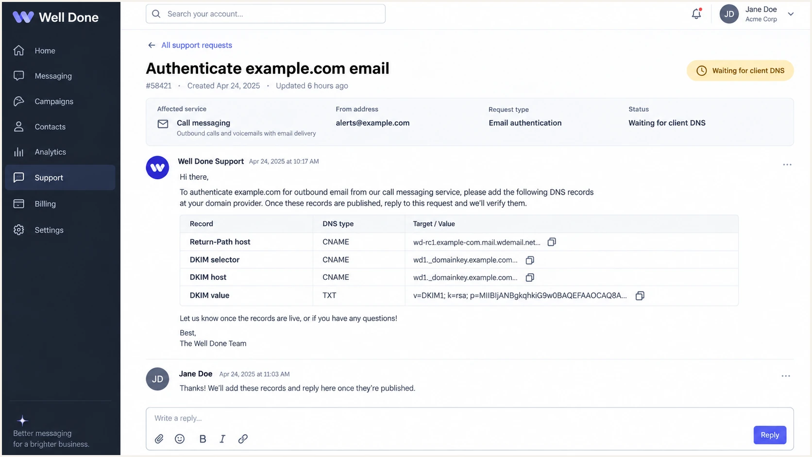 Well Done support request with Return-Path and DKIM details