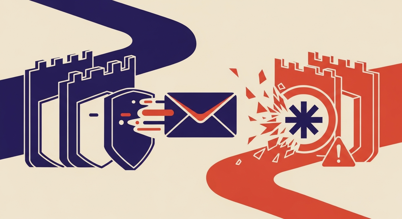 An illustration showing an email being routed through secure and insecure pathways, highlighting the complexities with wildcard MX entries in MTA-STS.