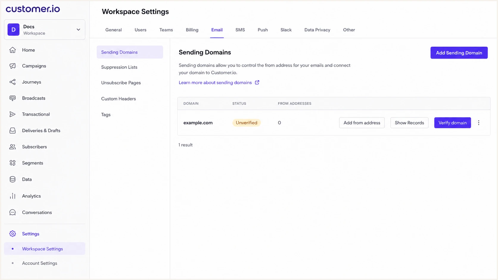Customer.io Sending Domains screen with an unverified domain and record actions.