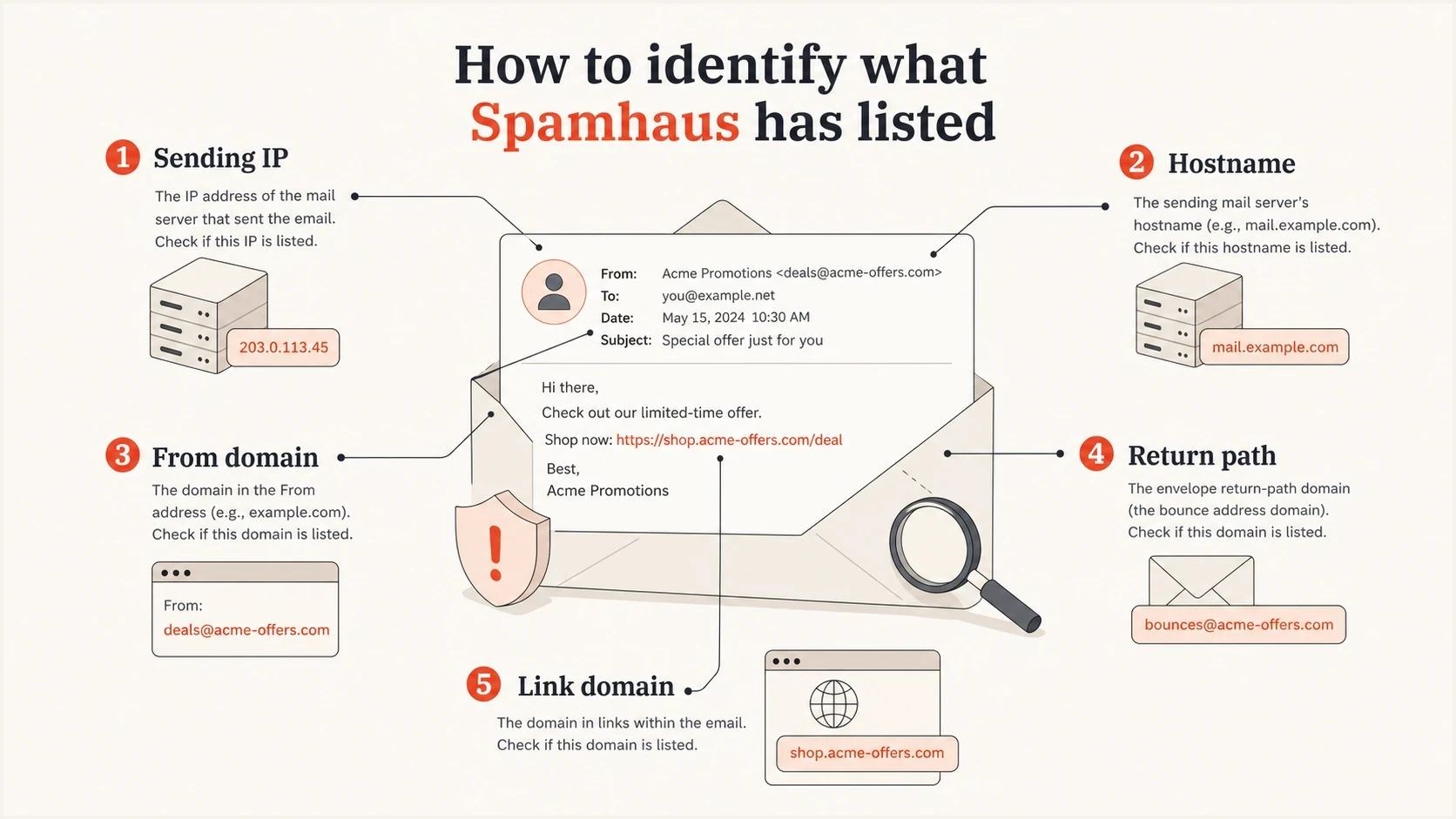 Infographic showing Spamhaus blocklist assets to check: sending IP, hostname, From domain, return path, and link domain.