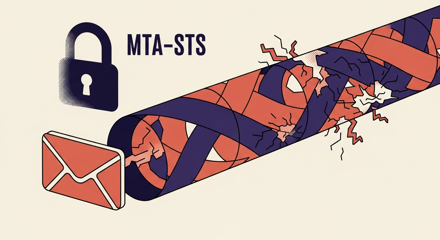 An abstract illustration of an email path, with some segments secured and others vulnerable.