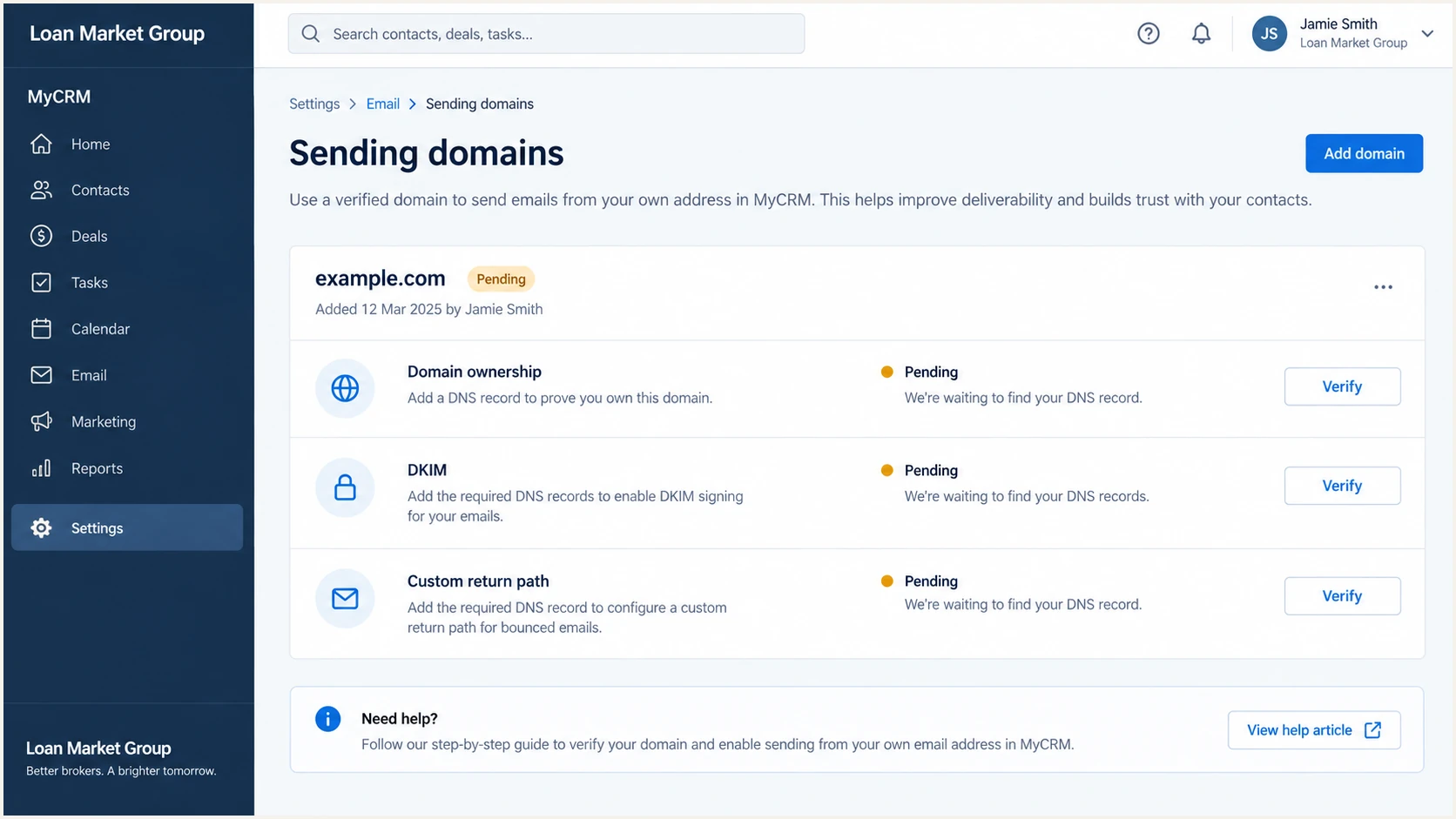 MyCRM authenticated sending domain setup screen