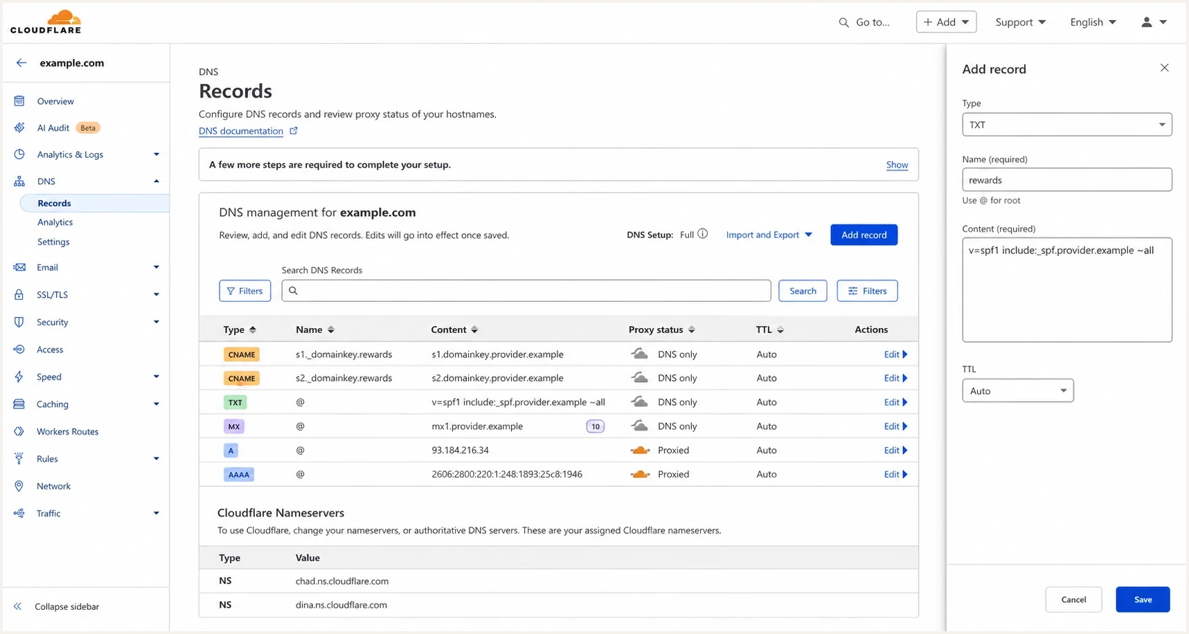 Cloudflare DNS screen showing SPF and DKIM records for a subdomain