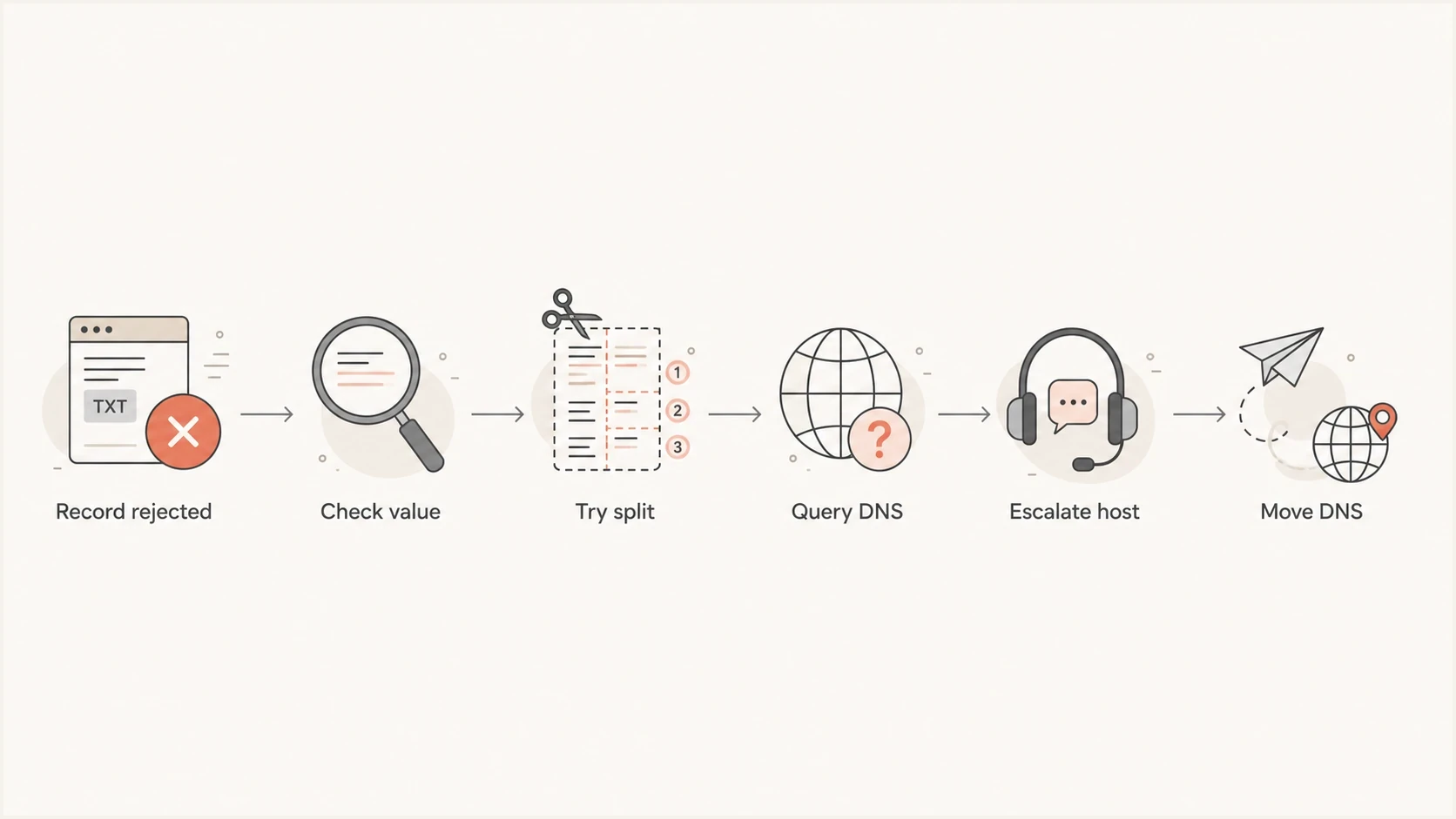 Flowchart showing how to fix a DNS TXT record length rejection from a DNS provider.