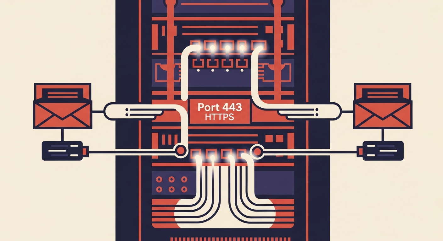 Stylized illustration of a server rack highlighting Port 443 HTTPS connections for MTA-STS policy retrieval.
