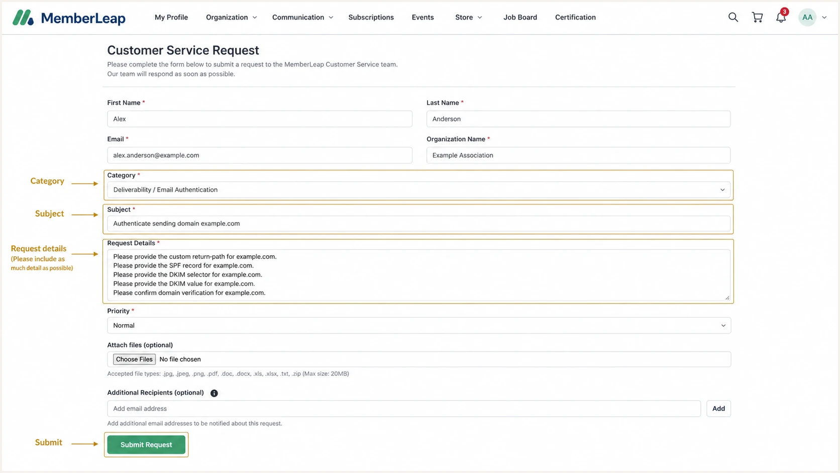 MemberLeap customer service request for domain authentication