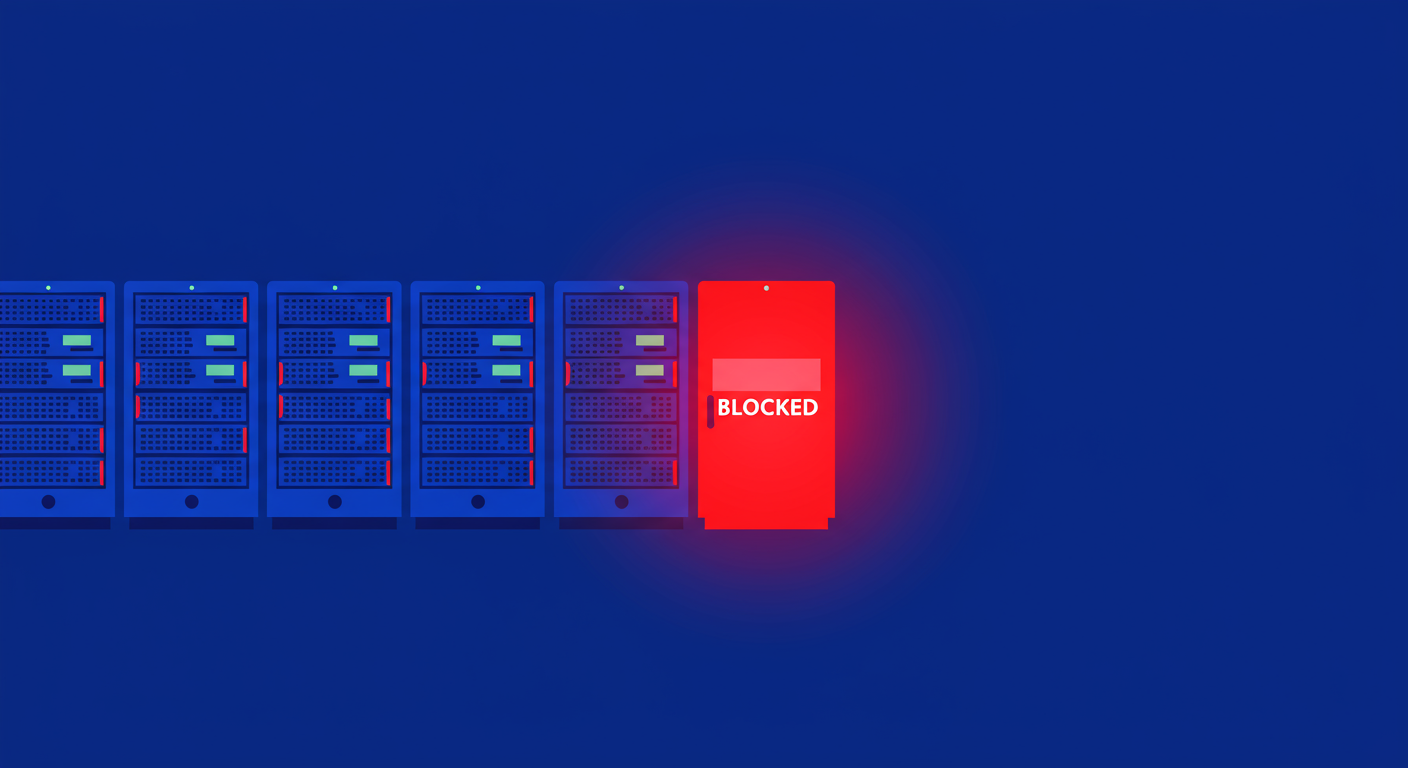 Illustration of servers, with one highlighted in red to represent being on a blocklist.