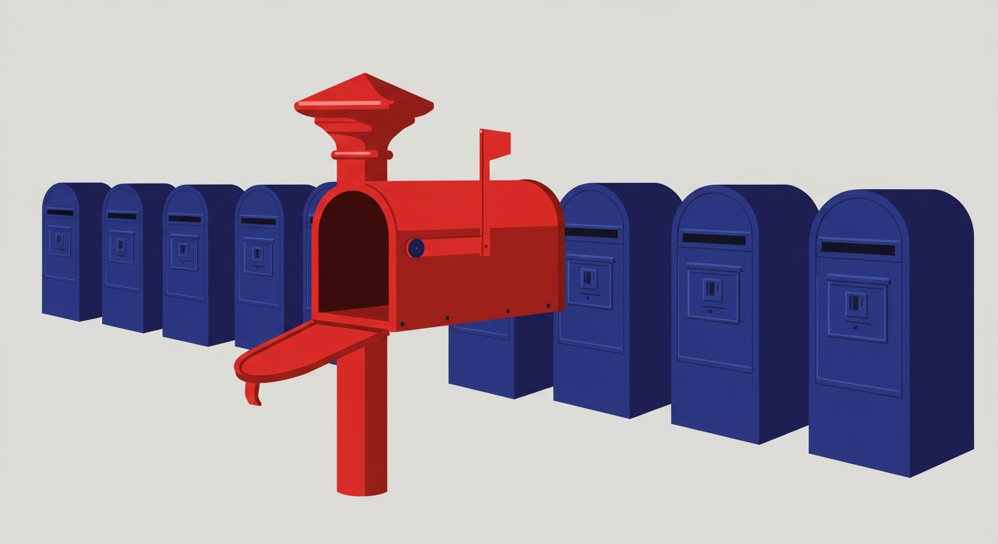 An illustration of several mailboxes, with one highlighted in red to signify it's blocked.