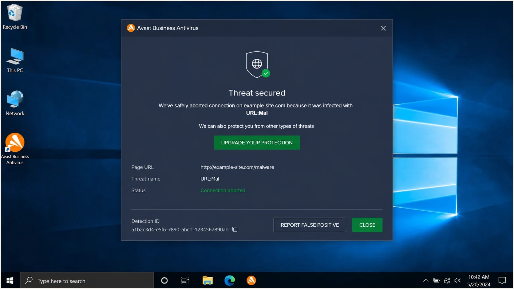 An Avast Business Antivirus alert showing a URL detection and a detection ID.