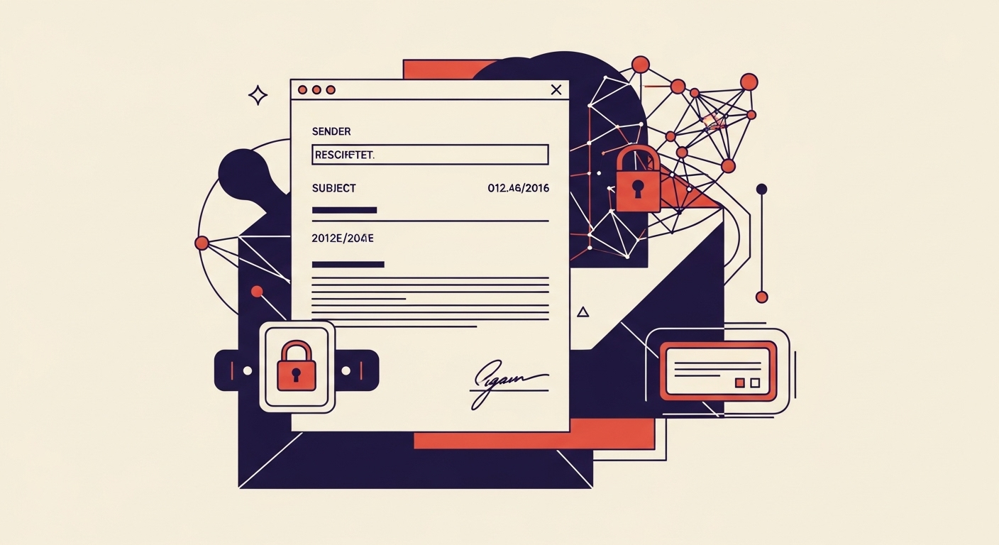 An illustration showing an email with distinct header and body sections, highlighted with digital signature symbols, representing DKIM's signing process.