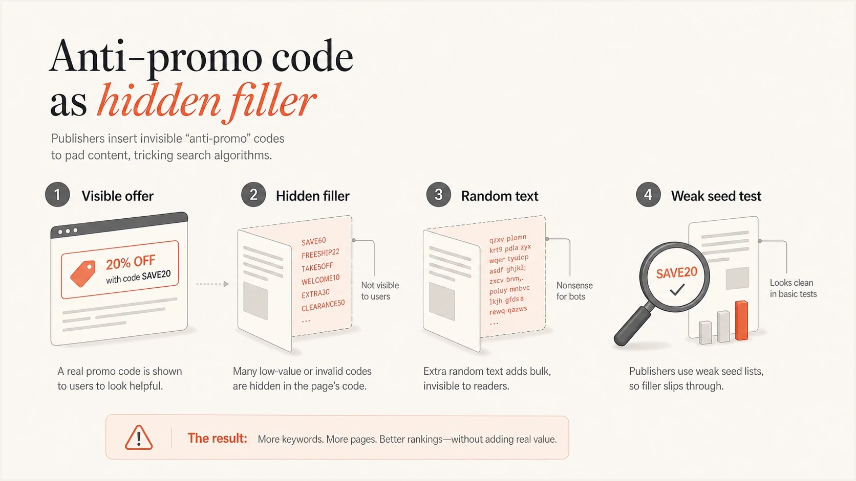 Infographic showing visible promotional content separated from hidden filler text.