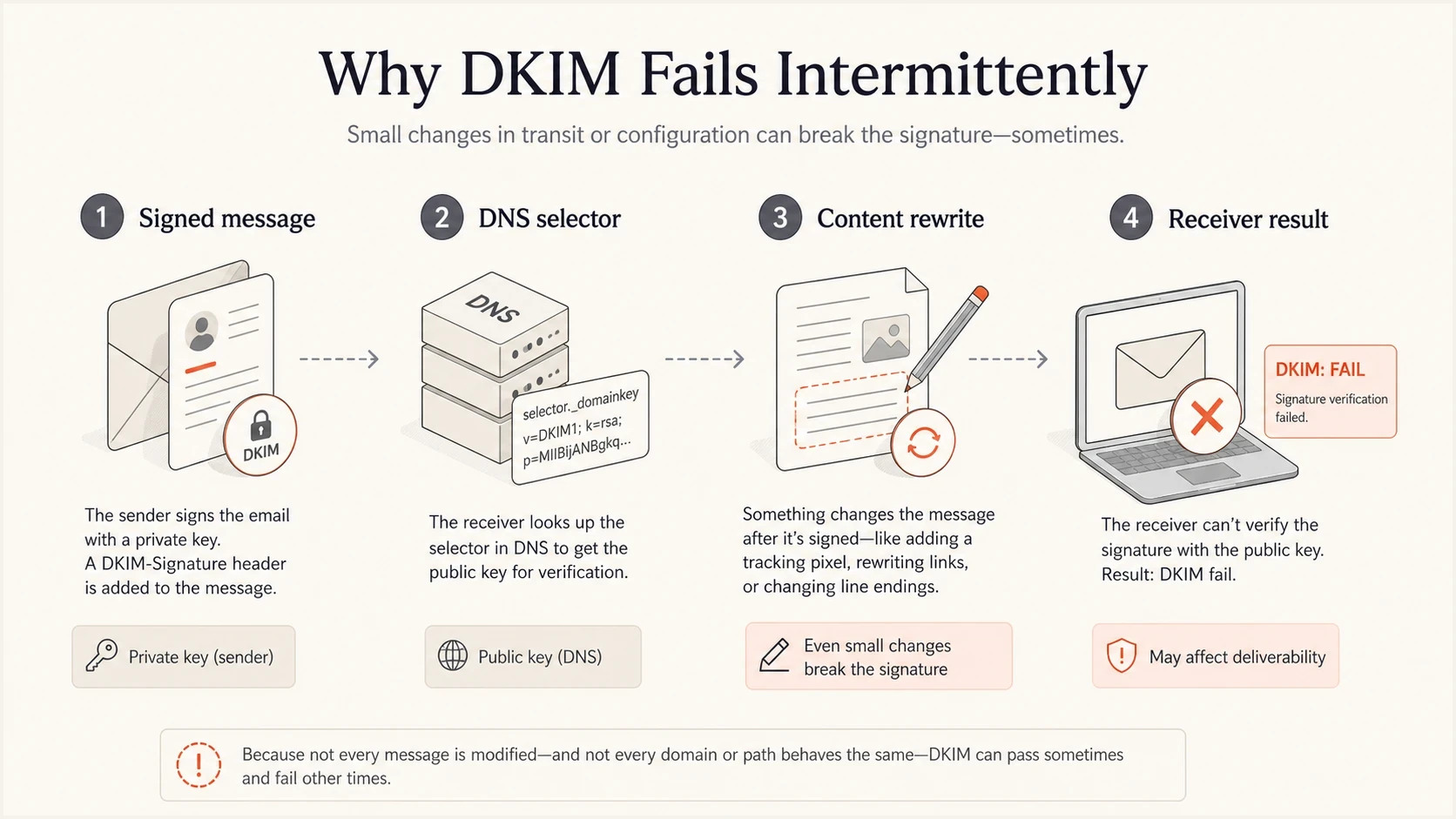 Infographic showing how signing, DNS, rewriting, and receiver checks affect DKIM.