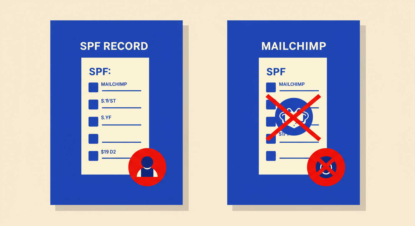 A minimalist illustration of an SPF record with the MailChimp entry crossed out, symbolizing it should not be included.