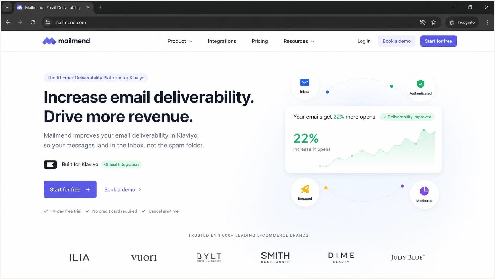 Screenshot-style view of the Mailmend website and its deliverability positioning.