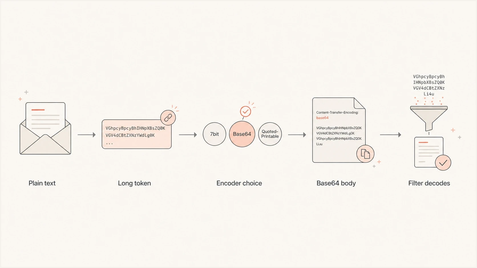 Flowchart showing long tokens leading to base64 encoding before spam filter decoding.