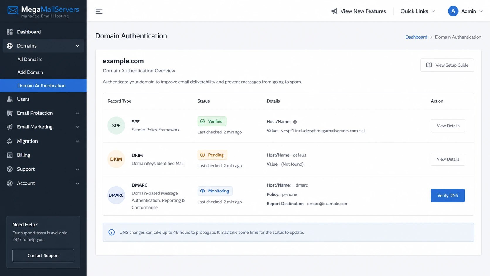 MegaMailServers authentication overview showing SPF, DKIM, and DMARC status