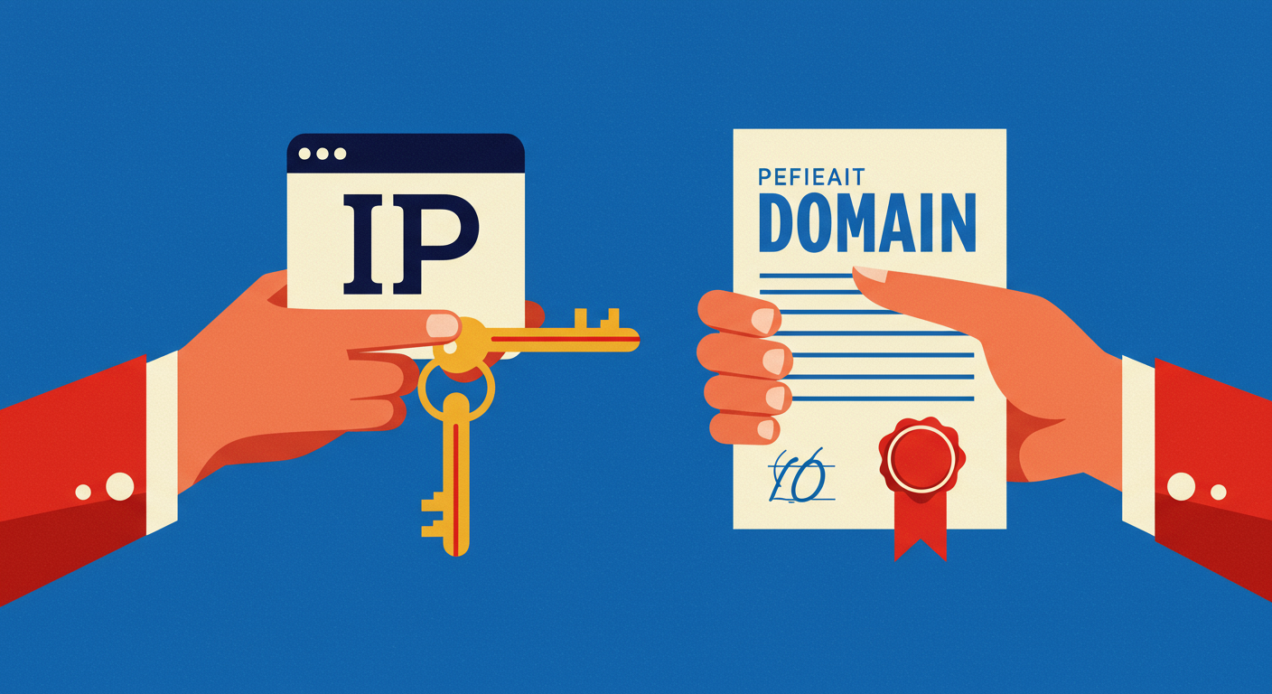 Two hands, one holding a temporary key representing IP reputation and the other holding a permanent document representing domain reputation. The style of the images should be A minimalist retro illustration in the style of Malika Favre. Dominant colors are bright poppy red and deep royal blue. Vector art, high contrast. Do not put any words in the image or alphanumeric characters. 