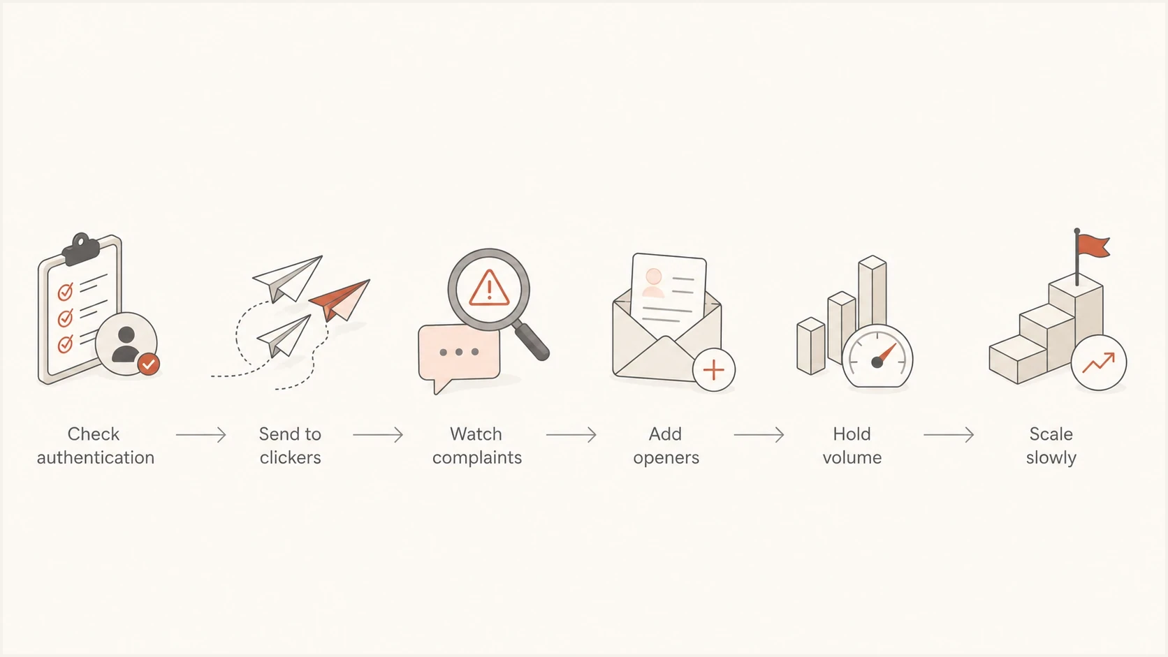 A six-step domain warm-up flow: authenticate, send to clickers, monitor complaints, add openers, hold volume, then scale.